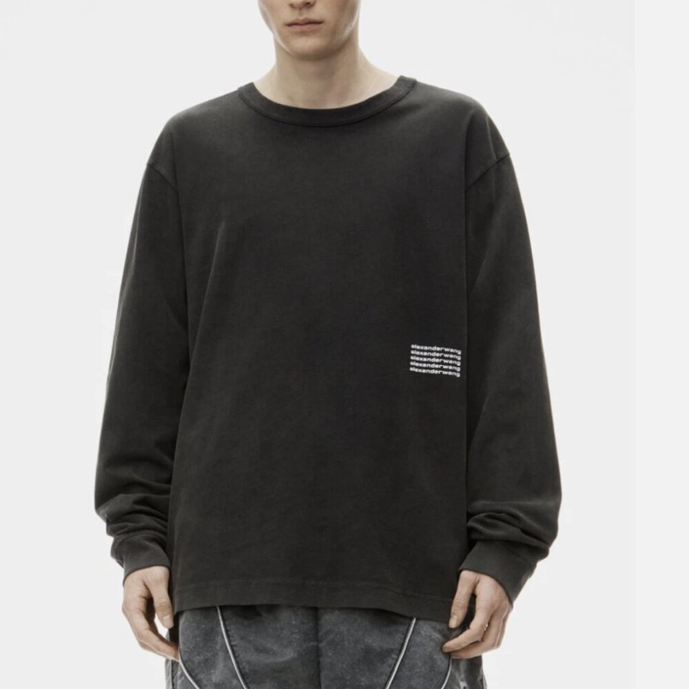 Alexander Wang Unisex Black Acid Wash Long Sleeve Printed Logo Jersey Tee